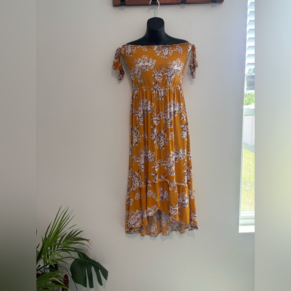 Hot Kiss Yellow and Orange Smocked Off-Shoulder Flutter Sleeve Dress